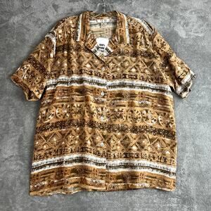 Fu Da Blouse Womens XL 100% Silk Axtec Pattern Artsy Shoulder Pads NWT